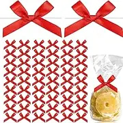 200 Pcs Twist Tie Bows Satin Ribbon 2.6'' DIY Bows for Treat Bags Mini Bows for Crafts Gift Wrapping Bows for Candy Bags, Christmas, Wedding, Party Present Decoration (Red)