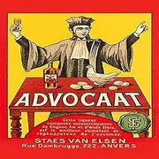 an Early Dutch Cognac Label Featuring a Man in Judges Robes Before a Table with a Chicken Eggs and a Bottle of Liquor The Label Proudly Defines This Drink as a Kind of Medicine This Liquor primarily