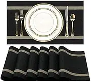 Placemats Set of 8,Heat Resistant Dining Table Place Mats 45x30CM,Washable Easy Clean Vinyl Placemats,Heat Resistant PVC Place Mats,Gold Trimmed Stripes Mats. (Black)