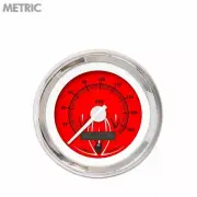 Speedo Gauge - Metric Pinstripe II Red, White Modern Needles, Chrome Trim Rings