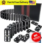 SALE! Jumbo Double Six Dominoes Set- 28 Black Classic Tiles in Faux Leather Case