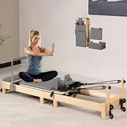 Oak Folding Pilates Reformer - Multifunctional Home Gym Equipment, Compact Adjustable Yoga Bench for Strength Training