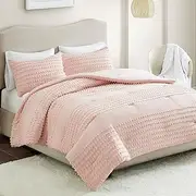 Comfort Spaces Cotton Comforter Set Jacquard Pom-Pom Tufts Design, Down Alternative, All Season Modern Bedding, Matching Shams, Full/Queen, Phillips, Blush