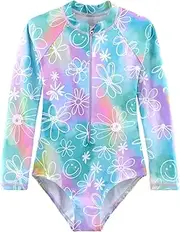 [HOOBABE] Kids Girls Rash Guard Long Sleeve One Piece Swimsuits Zipper Bathing Suits UPF 50+ Tropical Plant Flowers Ages 3-12