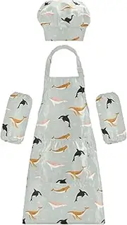 AIXIWAWA Kids Apron Chef Hat Set, Child Kitchen Bib Aprons Adjustable for Cooking Baking Painting (Cute Whales)