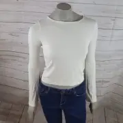 TopShop Crop Top Size 8 Open Back Cream Black Tie Ribbed Long Sleeve Top