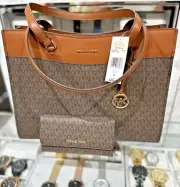 Michael Kors Jet Set Travel Large Brown Pocket Tote w/Trifold Wallet Handbag Set
