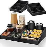 MINCORD Coffee Station Organizer Coffee Condiment Service Tray with 9 Compartment for Counter, Wood Coffee Bar Supplies Organizer for Home Office Breakroom Two-in-One Black