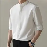 Short-Sleeve Stand Collar Plain Concealed Button Shirt White - 2XL