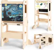 4-In-1 Toddler Kitchen Step Stool, Foldable Learning Standing Tower with Chalkbo