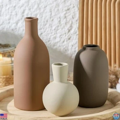 Set of 3 Ceramic Vases, Modern Rustic Home Decor for Living Room, Brown