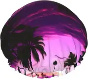 Palm Tree Purple Sunset Print Various Activities Shower Cap Reusable Soft And Lightweight Bath Hair Cap Long Hair