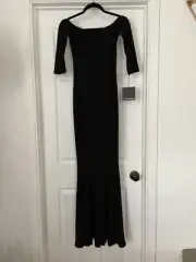 revolve norma kamali black long sleeve off shoulder fishtail gown size xs NWT