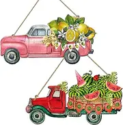 2 Pcs Wood Summer Welcome Door Sign with Rope Summer Watermelon Wooden Sign Lemon Truck Wall Art Sign for Home Living Indoor Outdoor Garden Decor
