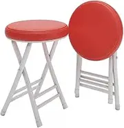 2Pcs Round Folding Stool Simple Faux Leather Chairs Easy Storage Guest Seating Metal Frame Garden Stools,Red