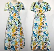 CYNTHIA ROWLEY 100% Cotton Popover V-neck Tiered 57" Long Dress Floral Rrint 1X
