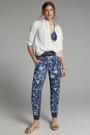 Anthropologie Mixed-Knit Joggers Pants Navy Tie Dye Floral Print NWT Size XS