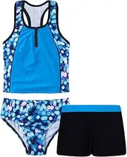 [FEESHOW] Girls Tankini Set 3 Piece Floral Print Sleeveless Racerback Tank Vest Short and Bikini Triangle Swimwear
