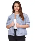 Michael Kors Womens Collarless Frayed Denim Jean Jacket, Blue, Plus Size, 3X