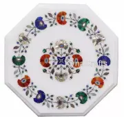 Semi Precious Gemstone Inlay Work Coffee Table Top White Marble Corner Table