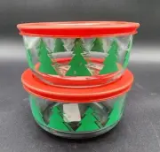 Pyrex Green Christmas Trees 4 Cup Glass Storage Bowls with Red Lids Tree NEW x2