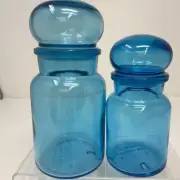 Vintage 2 Piece Set Of Blue Apothecary Jars With Bubble Lids, 1970’s , Bathroom