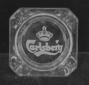 Upcycled Carlsberg Ashtray- Glass, Deep Carved, Square HAND CARVED
