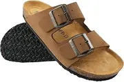 [Fly Soft] 100% Genuine Leather Men's Sandals - Comfortable Cushioned Memory Foam Footbed, Slip-On Slides for Casual Summer Wear, Adjustable Fit, Durable Non-Slip Sole