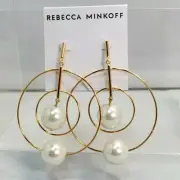 REBECCA MINKOFF DROP FRONT FACING HOOP EARRINGS ONE SIZE - GOLD AND PEARL
