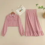 日本品牌粉紅色短版牛仔襯衫長袖外套口袋