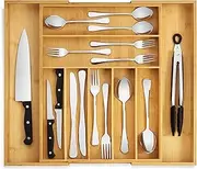 Purawood Bamboo Drawer Organizer - Expandable Silverware Organizer & Utensil Drawer Organizer, Cutlery Tray with Dividers, 7-9 Slots- Kitchen Organizer for Utensils & Flatware (Natural)