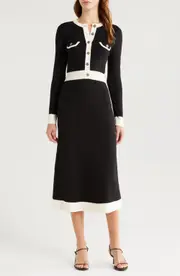 ZOE AND CLAIRE Contrast Long Sleeve Sweater Midi Dress in Black at Nordstrom, Size Medium