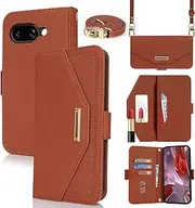 [Cavor] Crossbody Wallet Case for Google Pixel 9A Case 6.3" Flip Cover Magnetic Leather Women Handbag Card Slots Holder Zipper Kickstand Purse with Detachable Shoulder Necklace Lanyard Strap-Brown