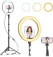 10'' Ring Light with Stand 72'' Tall & 2 Phone Holders,15 Color Modes Selfie LED Ring Light with Tripod Stand for iPhone/Android,Big Ring Light for Camera,Makeup (10'' Desk Ring Light)