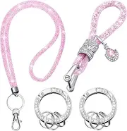 Bling Rhinestone Wristlet Neck Lanyards Crystal Car Keychain with Diamond Metal Clasp Keychain for Women ID Badge