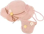 [Minkissy] 2pcs Floppy Sun Hat and Tote Bag Set Stylish and Matching Purse for Family Beach Trips Park Visits and UV Protection Pink