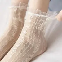 在飛比找蝦皮購物優惠-日系性感蕾絲荷葉邊襪超薄透明夏季鏤空網眼中筒襪女時尚原宿復古