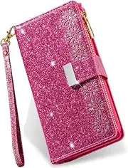 KUDEX iPhone 11 Case Wallet for Women with Card Holder,Girly Glitter Sparkly Bling Flip Folio Leather Zipper Pocket Magnetic Purse with 9 Card Slot Kickstand Strap for iPhone 11 6.1 Inch(Rose)