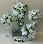 Wedding package white lily roses wedding flowers bouquet teardrop buttonholes