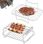 [Cozioz] 2 Pcs Dual Air Fryer Racks with 4 Skewers - Stainless Steel Grilling Racks for Ninja Food Dual Zone Air Fryer, Compatible with Double Basket Tower Air Fryers