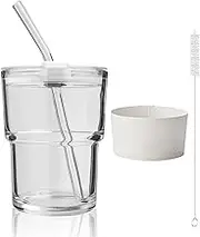 Ice Coffee Glass Tumbler with Straw and Lid, 13OZ/400ML Reusable Iced Coffee Cup, Sealed Carry On Drinking Glass Cups Glass Water Tumblers Mug Birthday Gifts for Women Men