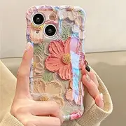 UEEBAI Case for iPhone 15 6.1 inch, Colorful Retro Oil Painting Flower Case Pretty Glossy Pattern Wave Case Cute Sparkly Floral Curly Cover Stylish Soft Case for Women and Girl - Orange Yellow