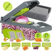 Ourokhome Vegetable Chopper Onion Cutter, 14 in 1 Professional Mandolin Slicer for Kitchen, Multifunctional Food Chopper for Potato, Tomato, Veggie with Strainer Basket, 10 Blades, Gray