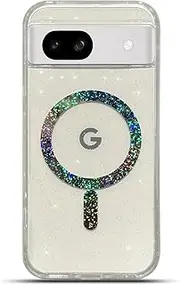 for Google Pixel 8A Case 6.1" Compatible with Magsafe Magnetic Bling Glitter Clear Shiny Sparkle Holographic Laser Star Luxury Military-Grade Shockproof Protect Soft Phone Cover for Women