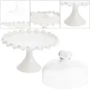 White Cake Stand with Dome Cloche Pedestal Glass Lid Practical Cover