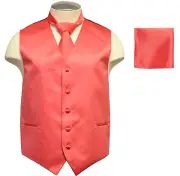 New Brand Q Men's Tuxedo Vest Waistcoat Necktie & Hankie Set Solid Coral Party