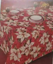 Fabric Tablecloth 60"x120"Oblong,CHRISTMAS,WHITE & RED POINSETTIA FLOWERS,Broder
