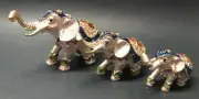 Elephant SET Of 3 Metal Enamel Rhinestone Trinket Box NEW Gold Green Crystals