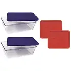 Pyrex 7212 11-Cup Glass Dishes, (2) 7212-PC Dark Blue & (2) Red Plastic Lids