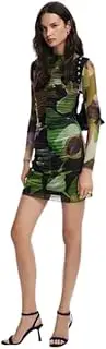 [Desigual] Floral Print Ribbed Knit Mini Dress Women Black Dresses